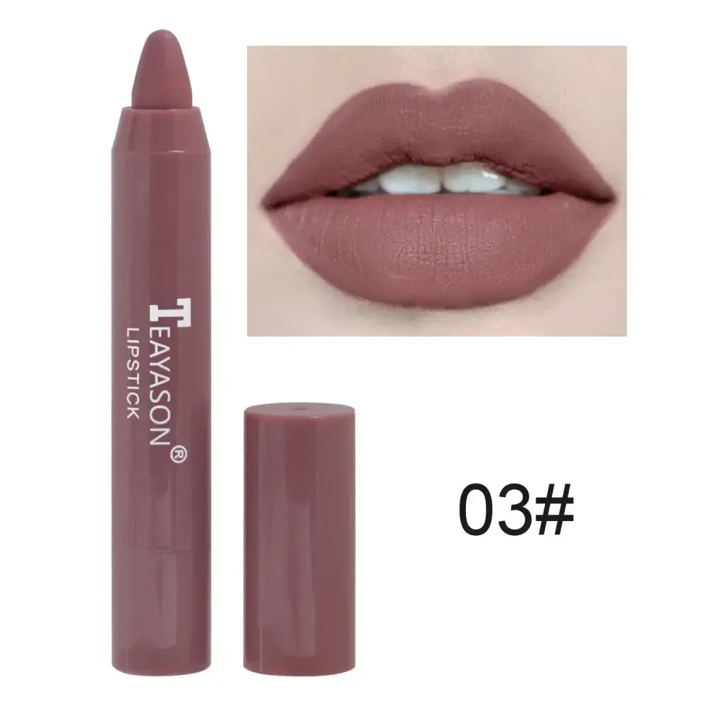 Mauve lipstick in pencil form with a matching lip swatch.