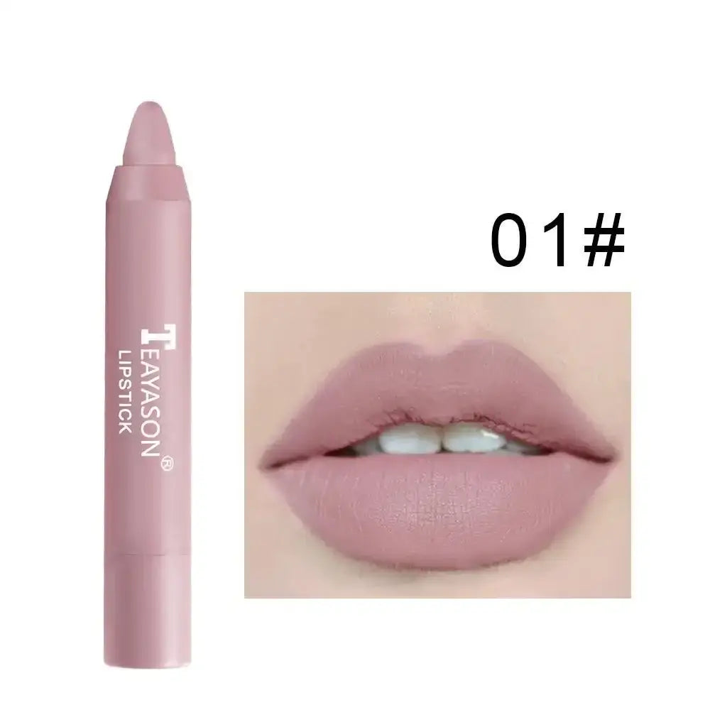 Pink lipstick crayon with a swatch showing the color applied to lips.