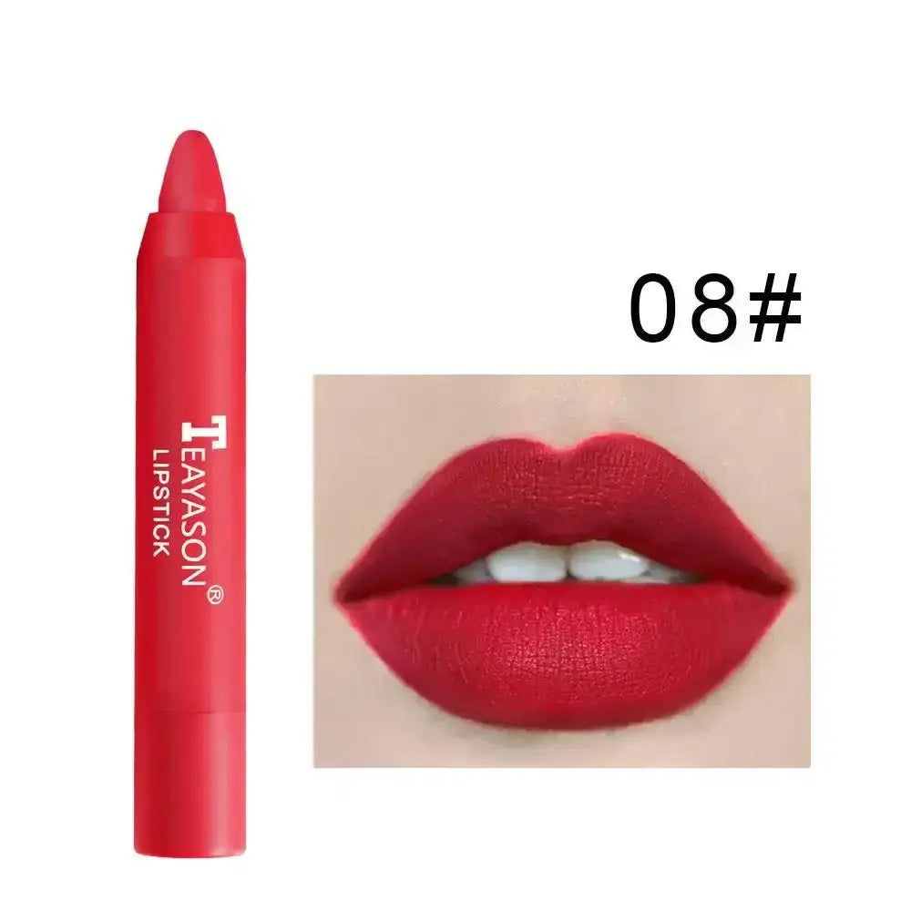 Red lipstick crayon with a corresponding lip swatch showing the vibrant color applied.