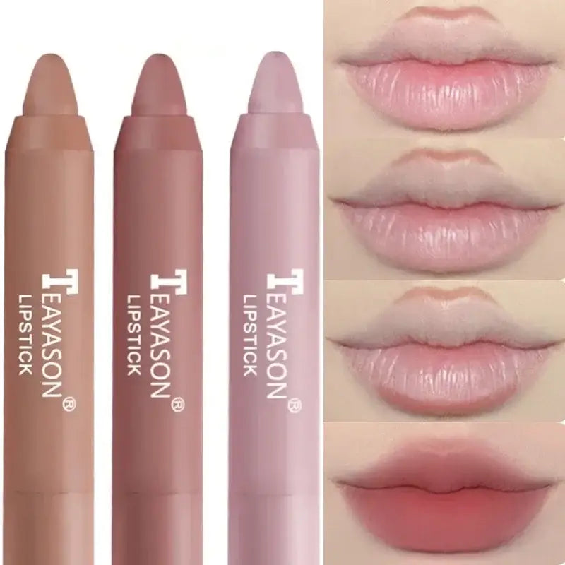 Lipstick set showing different nude shades and their effects on lips.