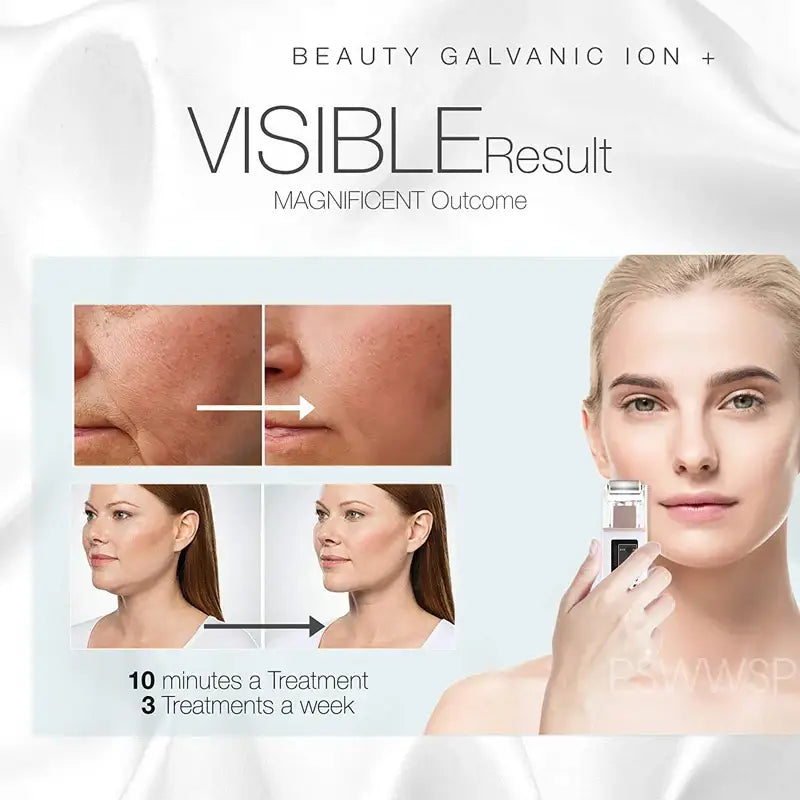 Advertisement for a beauty treatment device showcasing before and after results on skin and facial appearance.