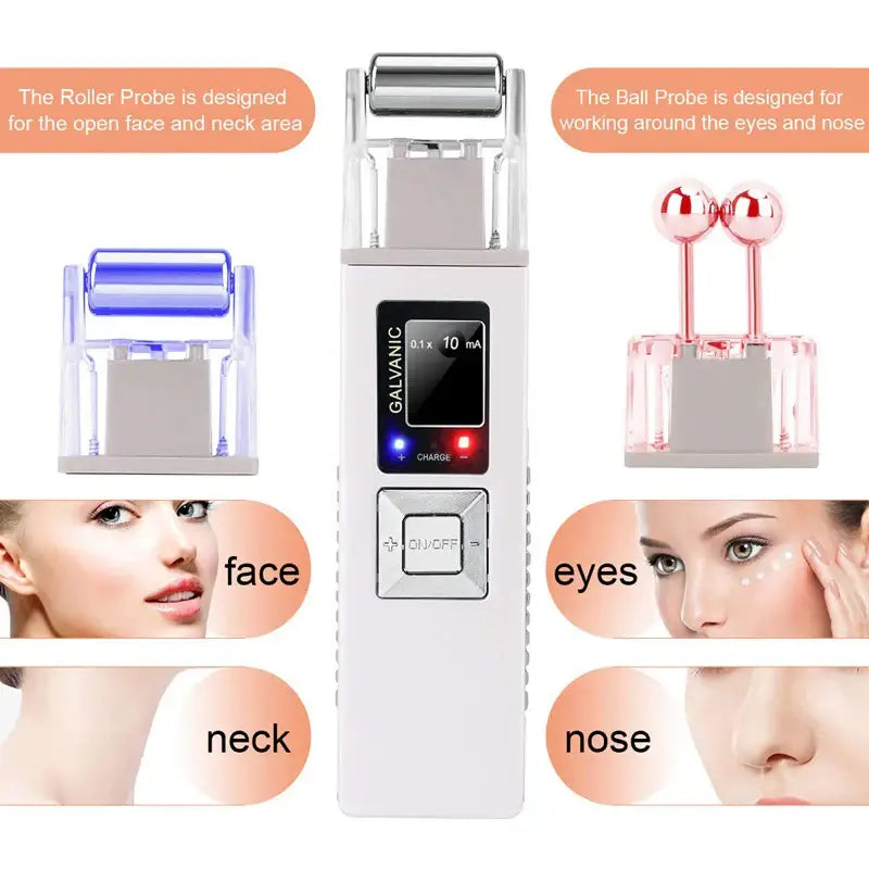 Handheld electronic beauty device with interchangeable attachments for facial treatments.