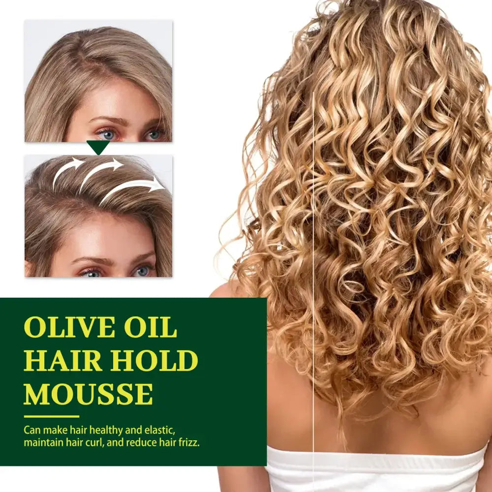 Blonde curly hair styled with olive oil hair hold mousse.