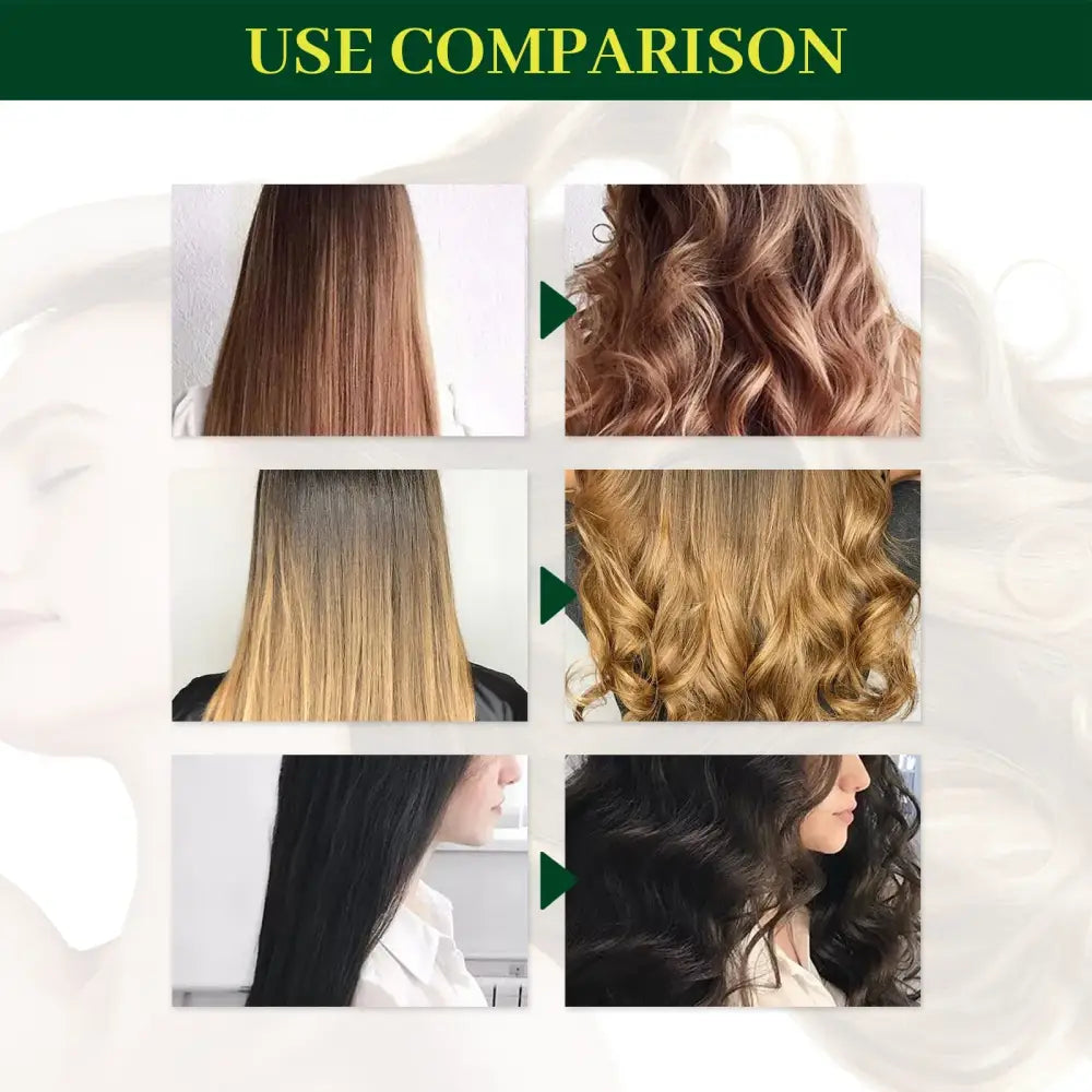 Comparison of straight and curly hairstyles in different colors.