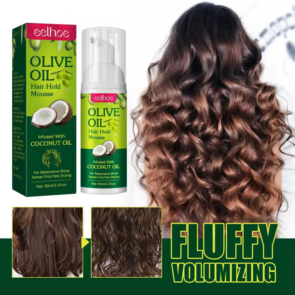 Hair care product featuring olive oil and coconut oil for volumizing and holding curly hair.