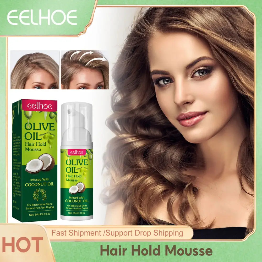 Hair hold mousse product featuring olive oil as a key ingredient.