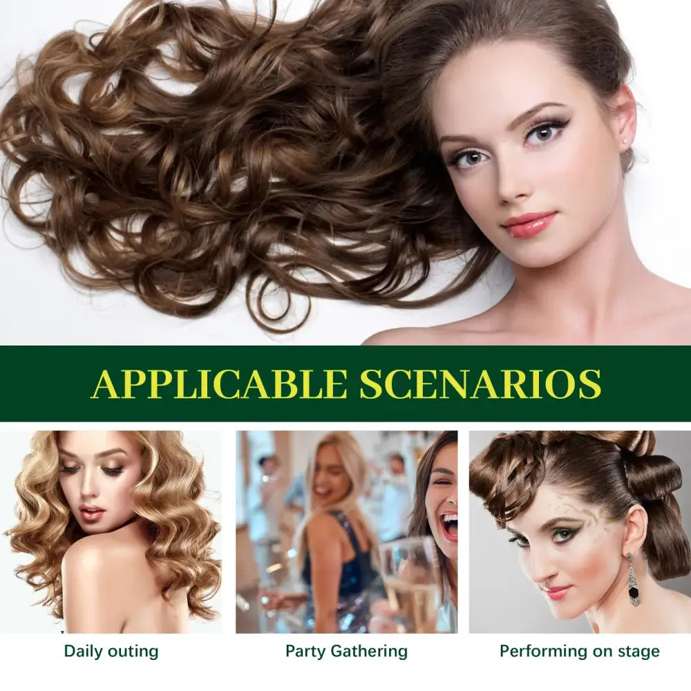 Long, wavy brown hair extension or wig displayed alongside photos showing different hairstyle applications.