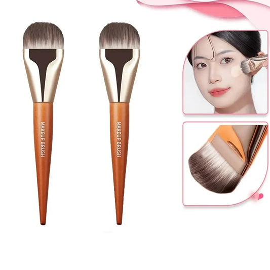 Makeup brushes with brown wooden handles and dual-toned bristles.