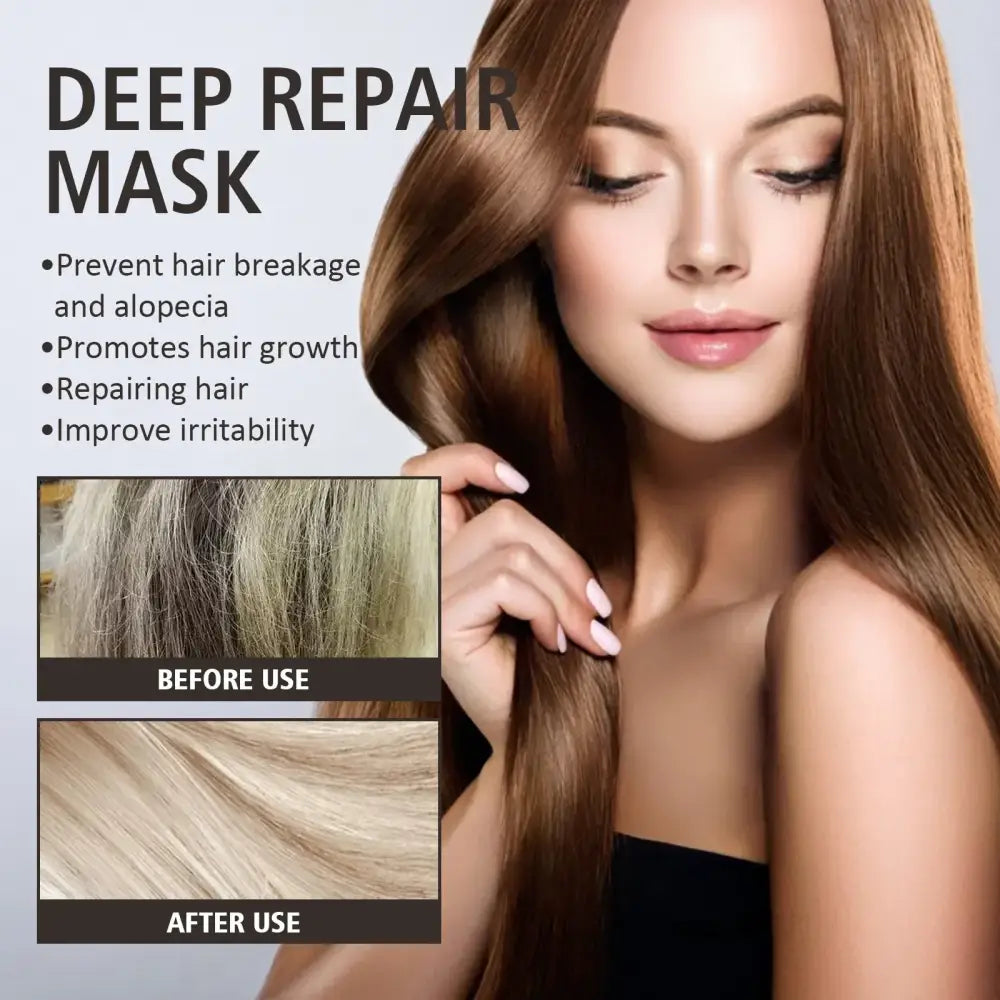 Advertisement for a deep repair hair mask product featuring before and after hair samples and a woman with long, smooth brown hair.