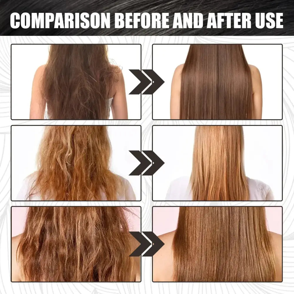 Comparison of hair before and after treatment, showing frizzy, unruly hair transformed into smooth, straight hair.