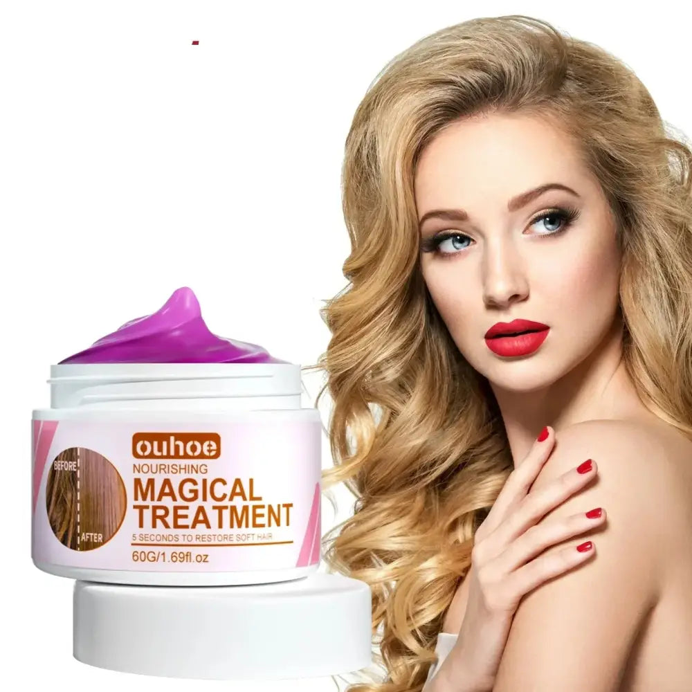 Hair treatment product jar with purple lid labeled ’Magical Treatment’ by Ouhoe.