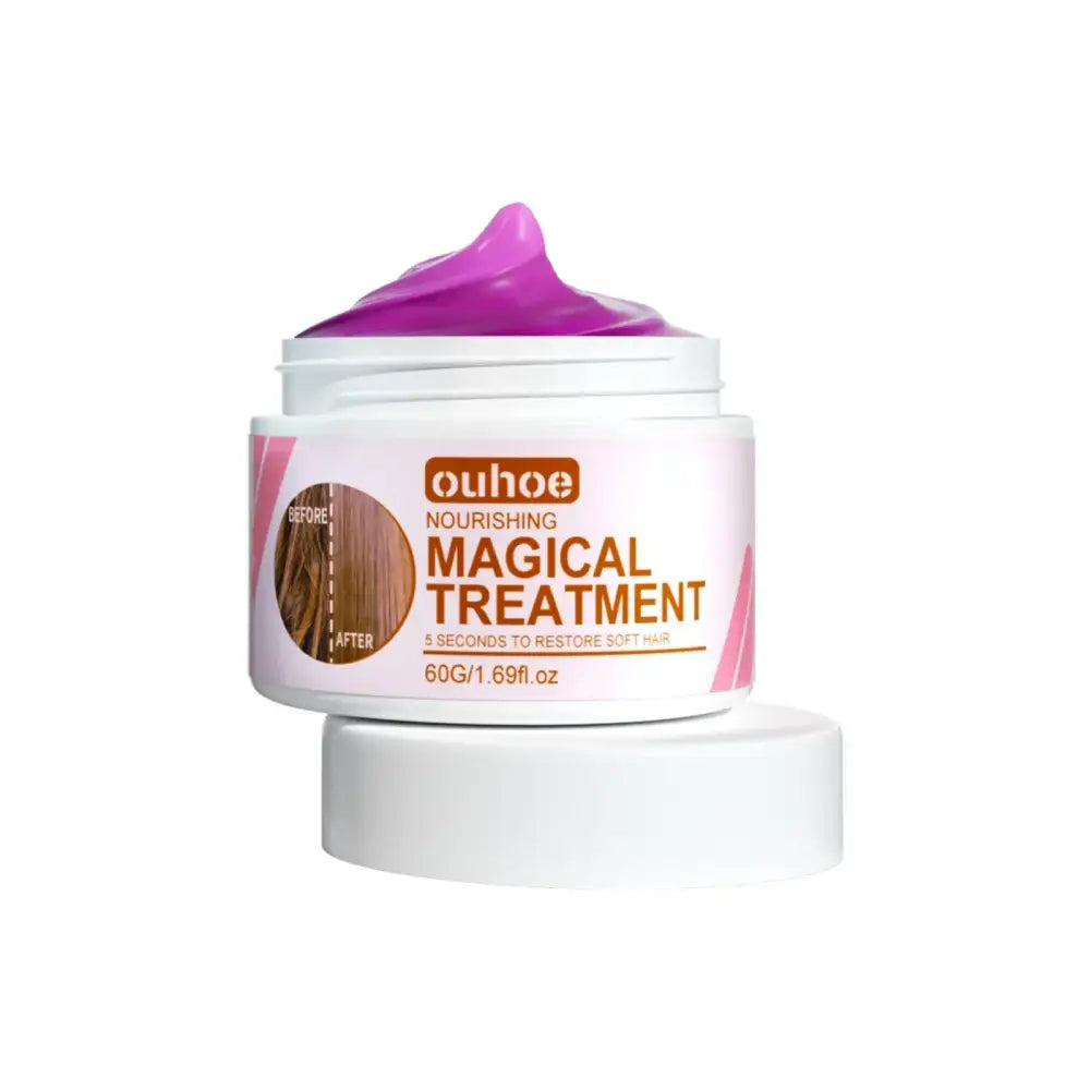 Hair treatment product jar with a white base and pink label featuring ’Magical Treatment’ text.