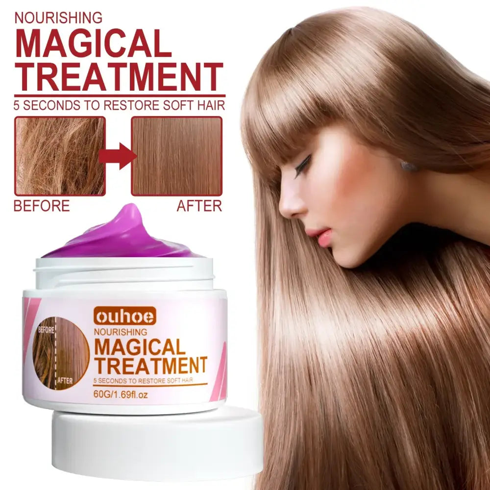 Hair treatment product in a white jar with purple accents, promising to restore soft hair in 5 seconds.