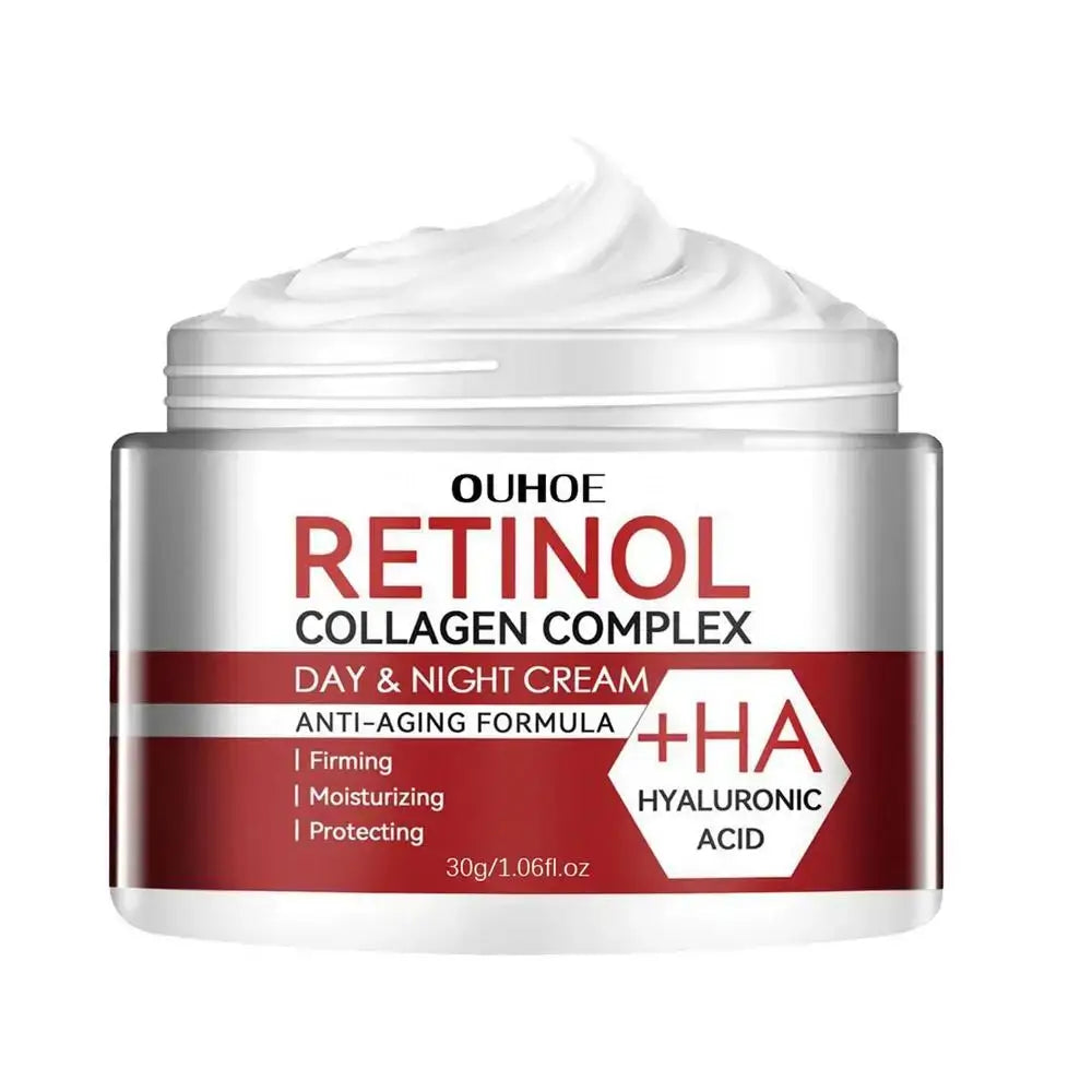 Jar of Ouhoe Retinol Collagen Complex day and night cream with anti-aging formula.