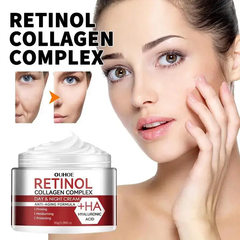 Jar of retinol collagen complex cream with anti-aging claims.