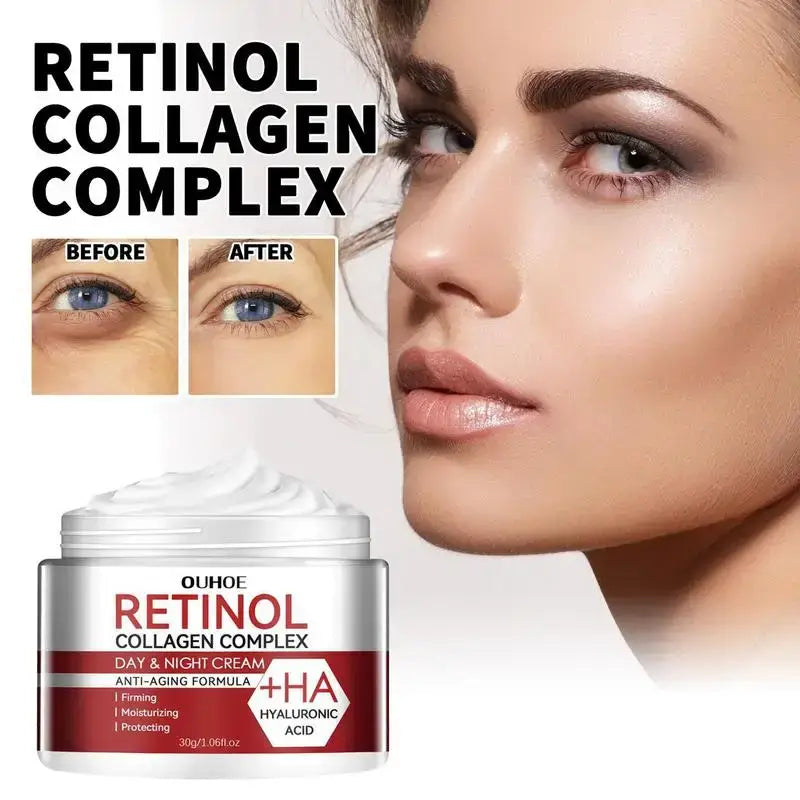 Jar of retinol collagen complex cream with before and after eye images and a facial profile photo.