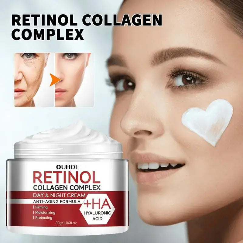 Jar of Retinol Collagen Complex skincare cream with hyaluronic acid.