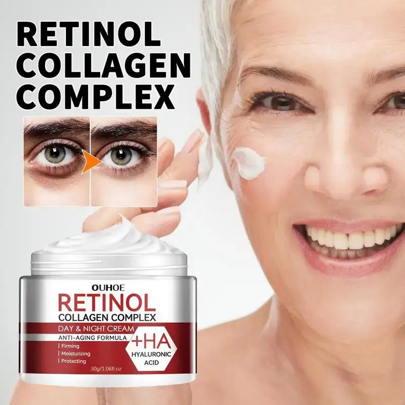 Jar of retinol collagen complex cream with anti-aging claims.