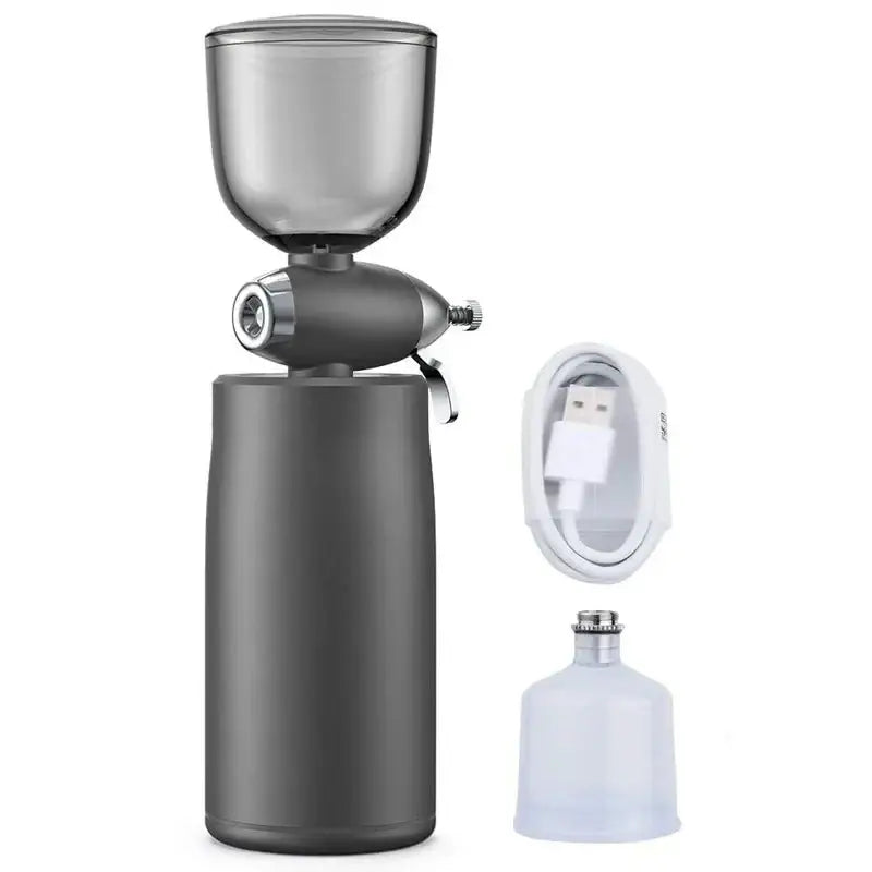 Electric coffee grinder with a detachable container and additional accessories.