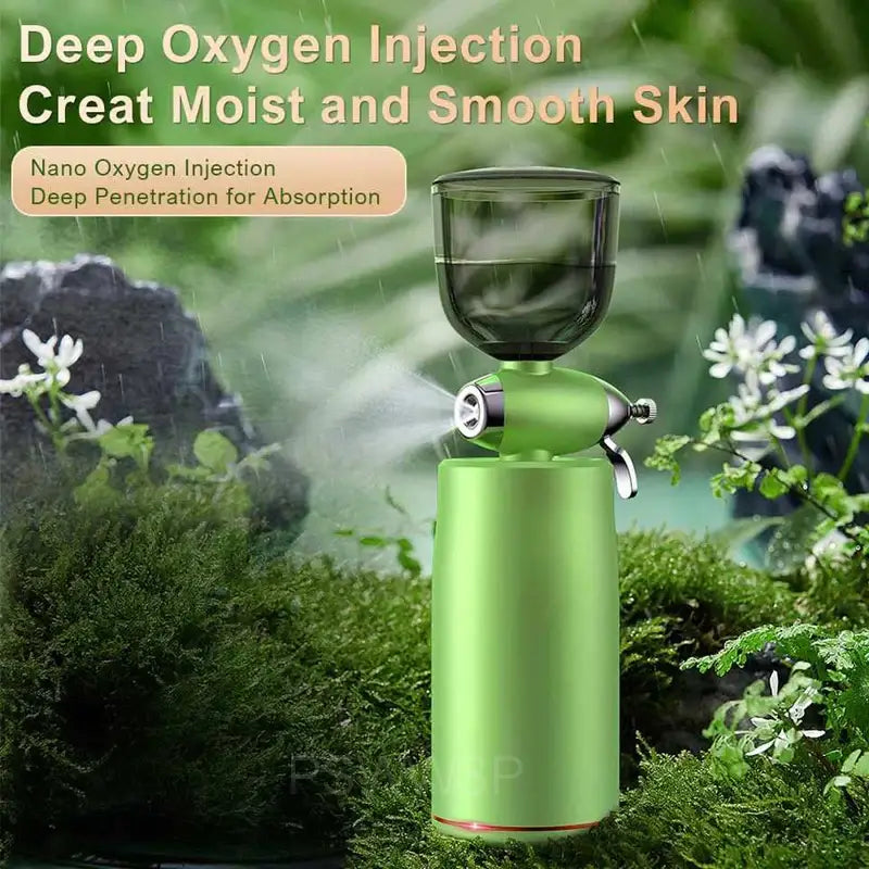 Green cylindrical device with a glass attachment on top for oxygen injection skincare treatment.