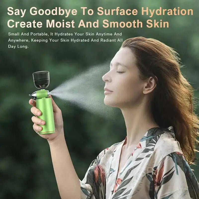 Green handheld skincare mist spray bottle.