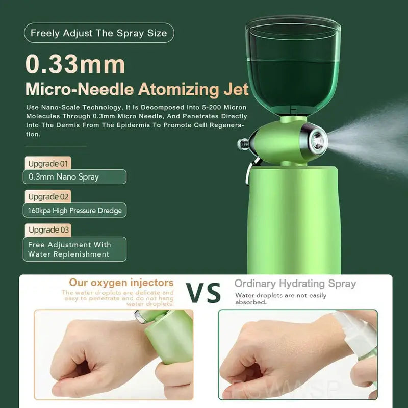 Green handheld device for micro-needle atomizing spray with adjustable nozzle.