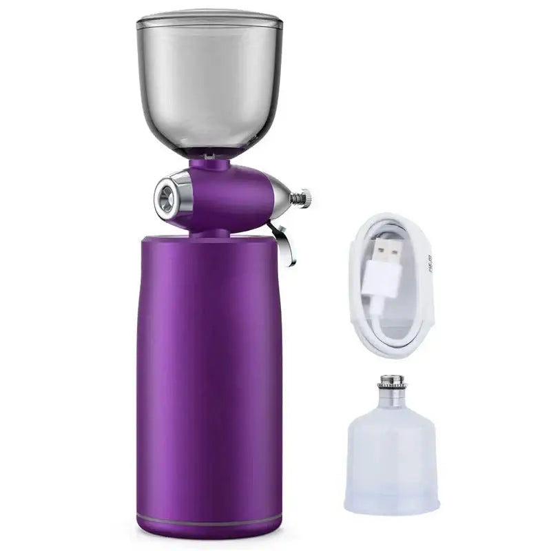 Purple electric coffee grinder with a metallic hopper on top.