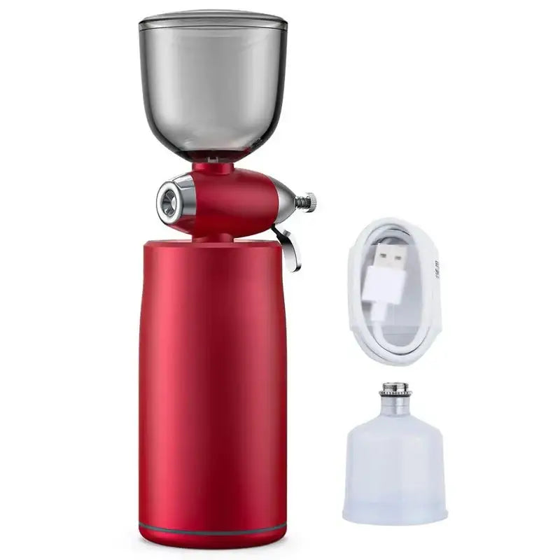 Red electric coffee grinder with a metallic hopper and detachable accessories.