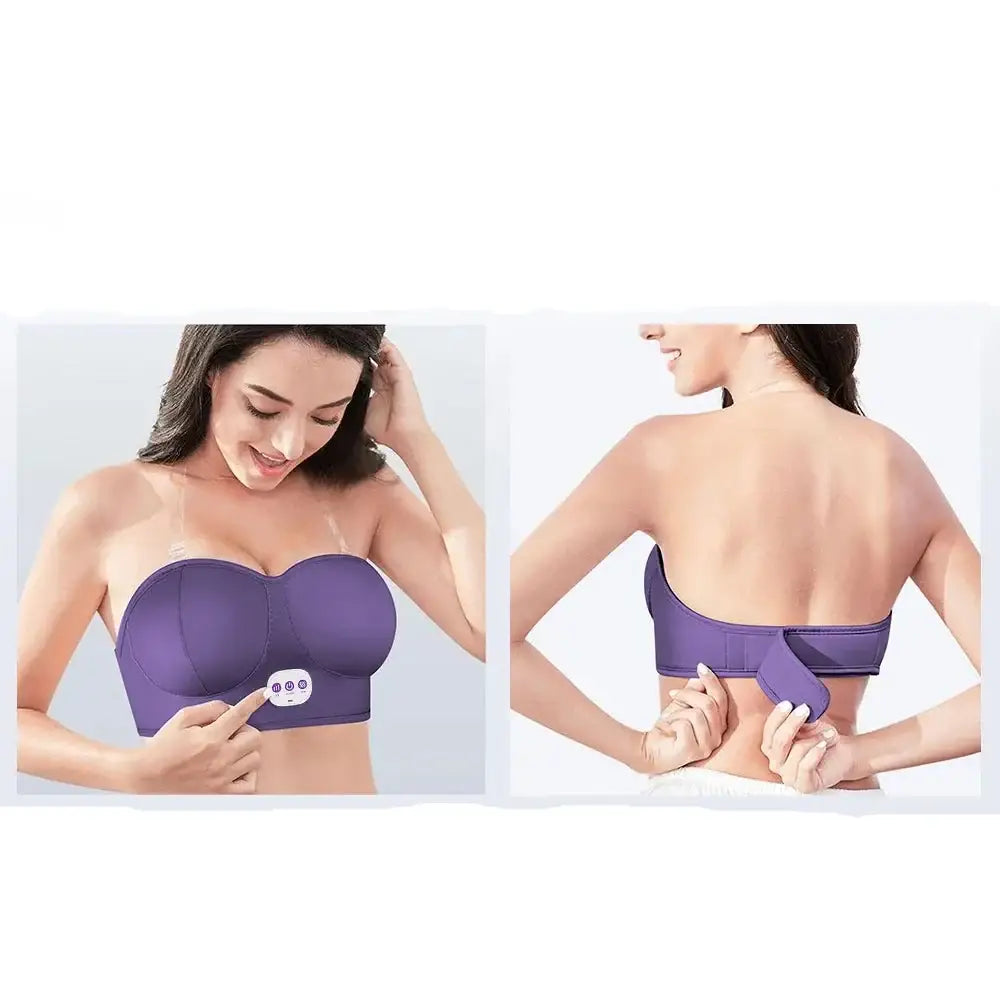 Strapless purple bra with a front-closing mechanism.