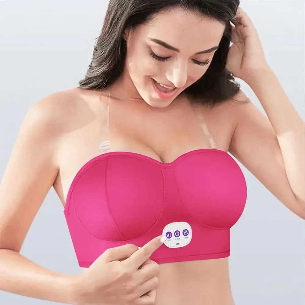 Bright pink strapless bra with a small electronic device attached to the front.