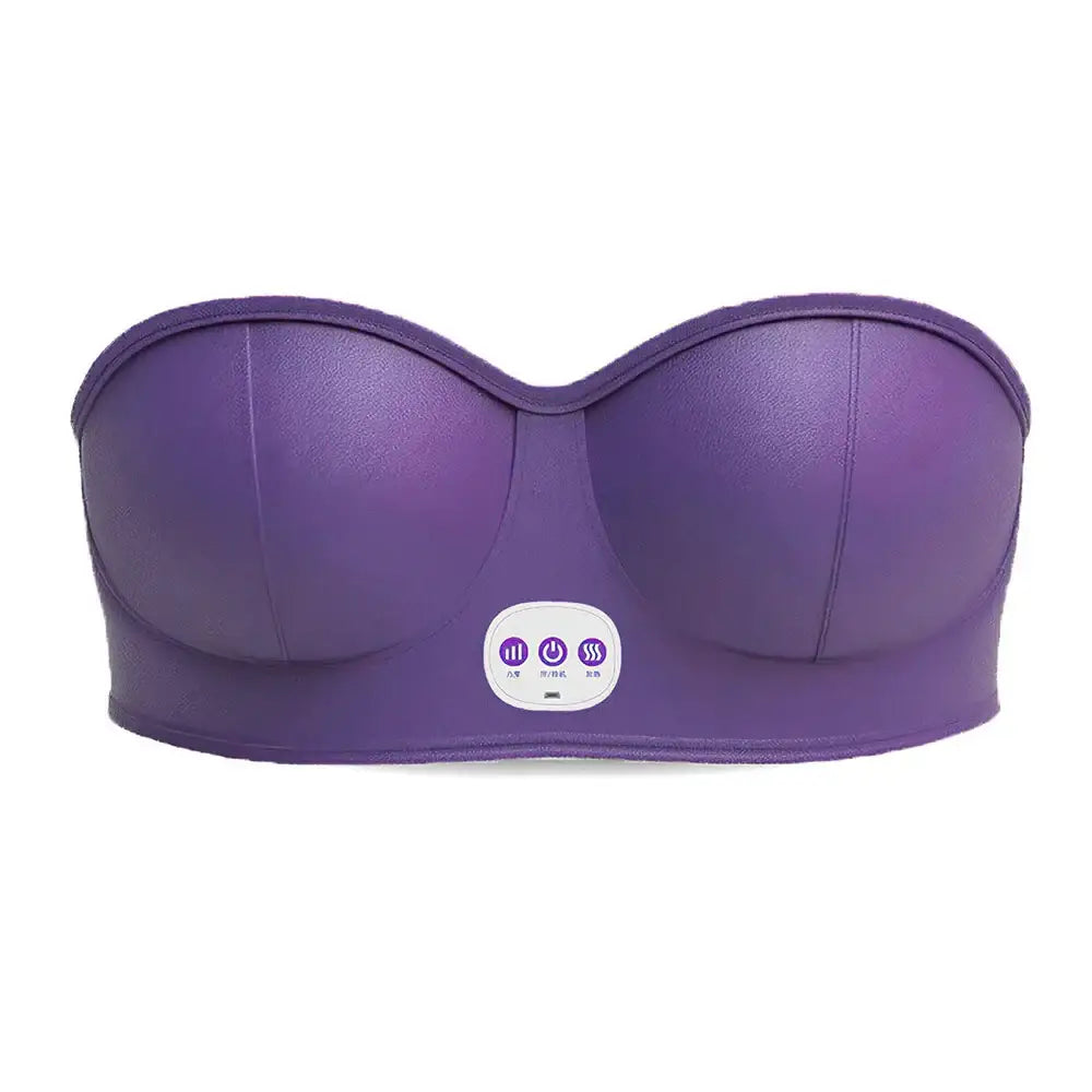 Purple strapless bra with a small electronic control panel in the center.