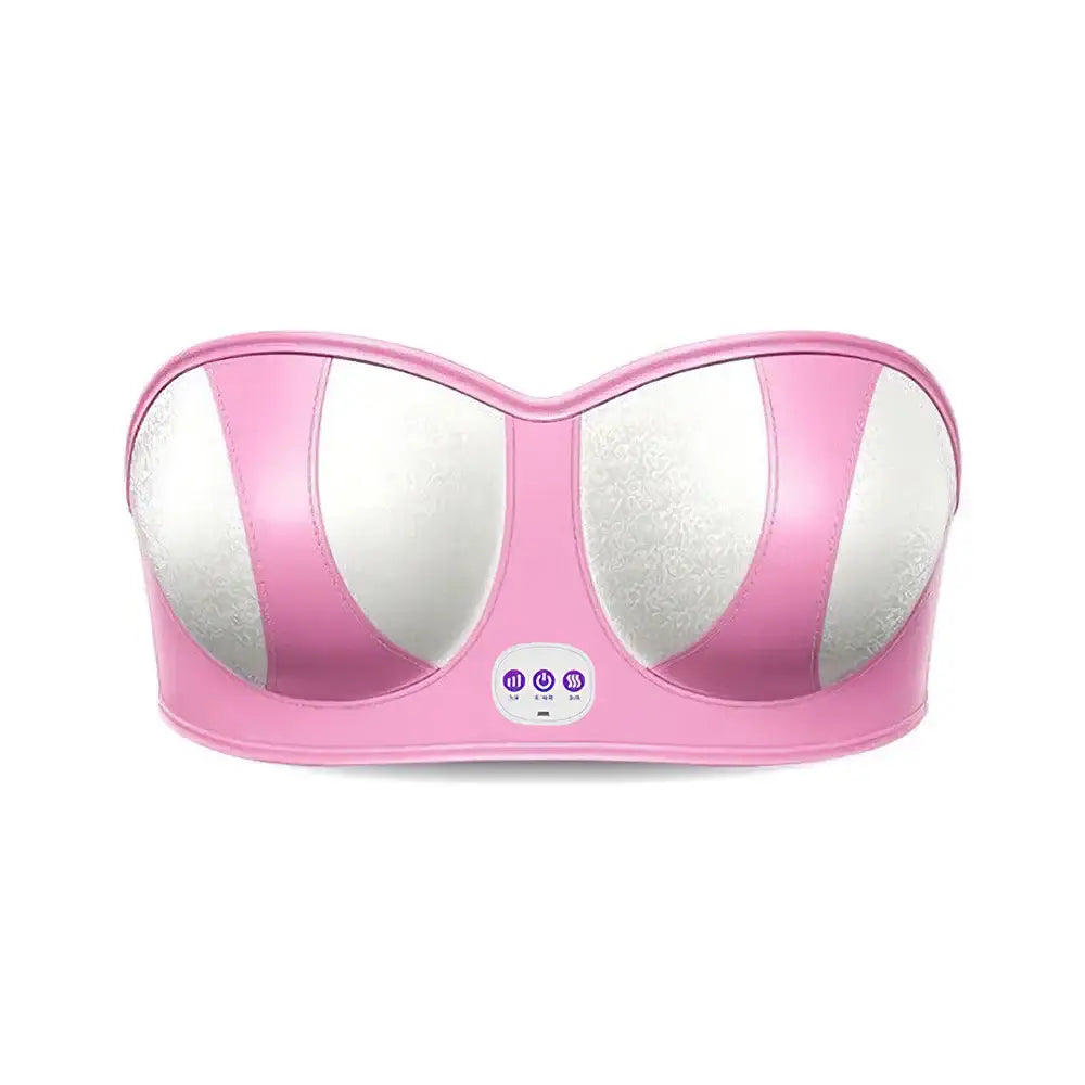 Pink and white strapless bra with a small electronic device in the center.