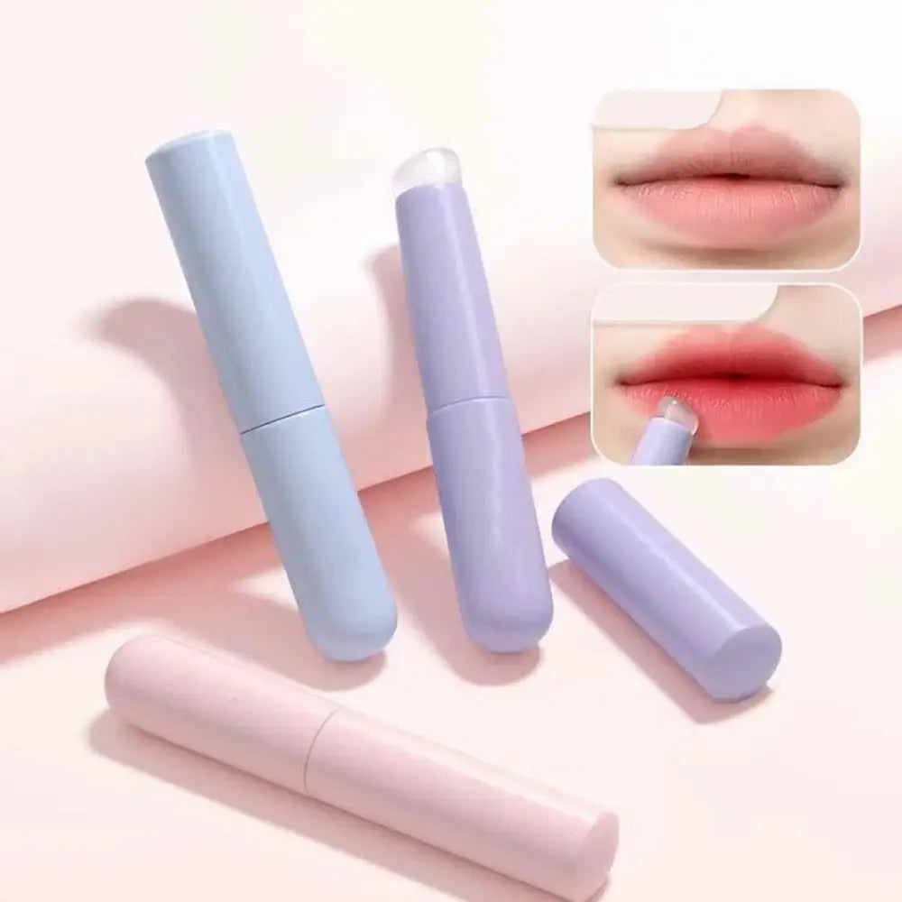 Pastel-colored lip balm tubes with inset images showing lip application.