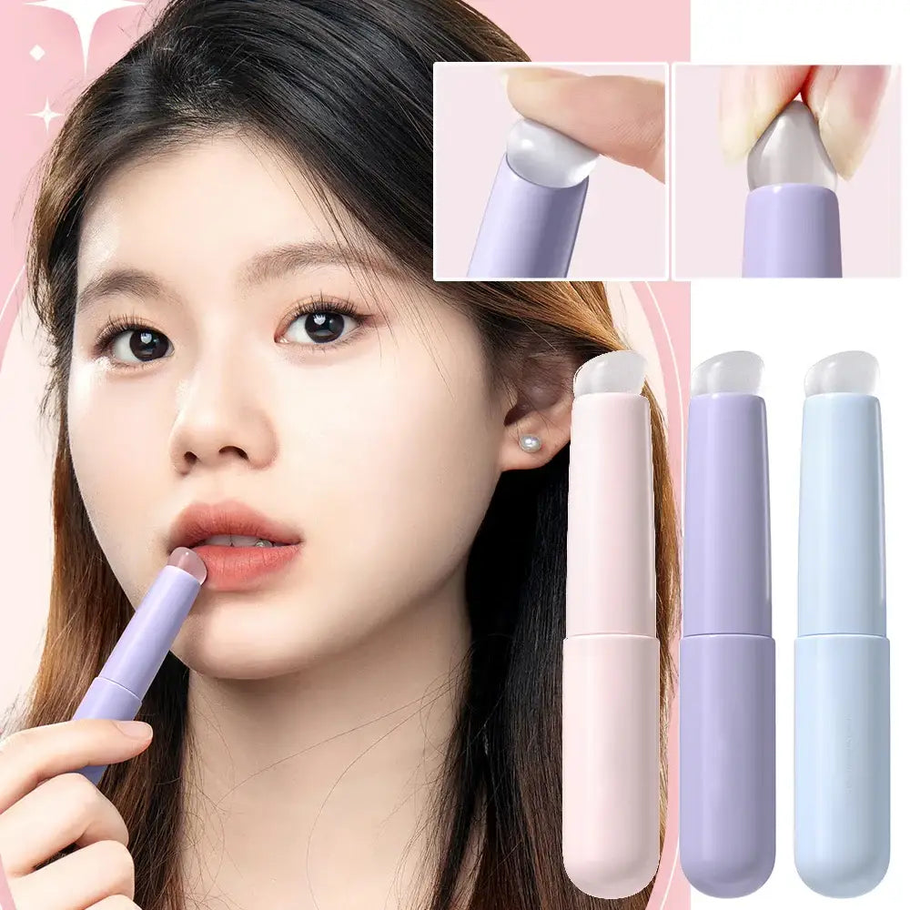 Pastel-colored lip balm or lipstick in a cylindrical tube.