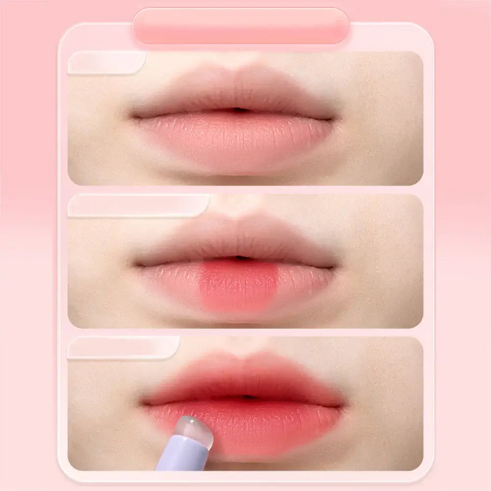 Sequence of lips showing application of lip tint or stain.