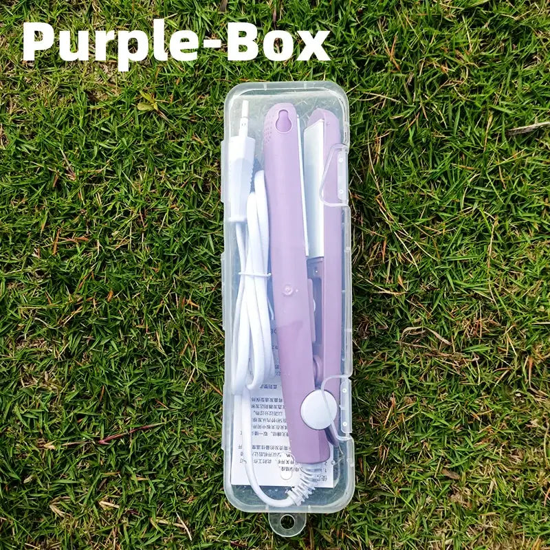 Clear plastic case containing a purple toothbrush and other dental hygiene items.