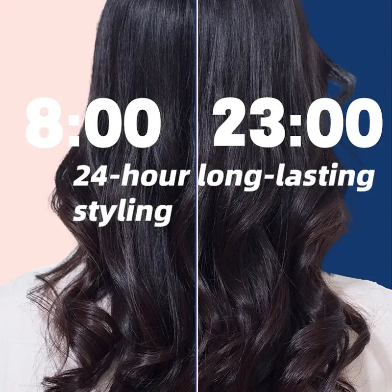 Long, dark, wavy hair styled to demonstrate 24-hour lasting hold from 8:00 to 23:00.