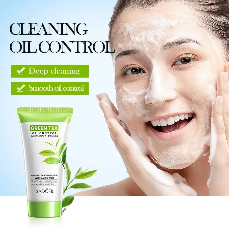 Facial cleanser product advertisement featuring a smiling woman with foam on her face and a green tube of cleanser.