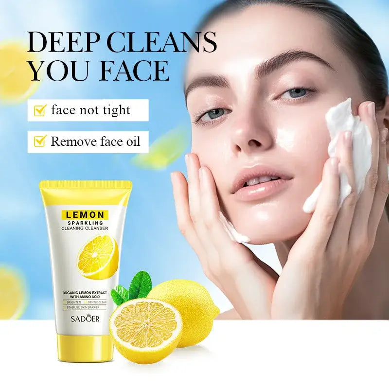 Facial cleanser product advertisement featuring a lemon-themed skincare tube and fresh lemons.