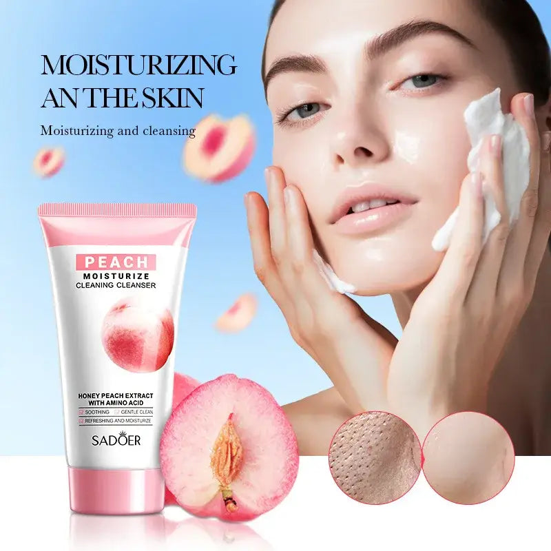 Skincare advertisement featuring a peach-scented moisturizer and a woman applying product to her face.