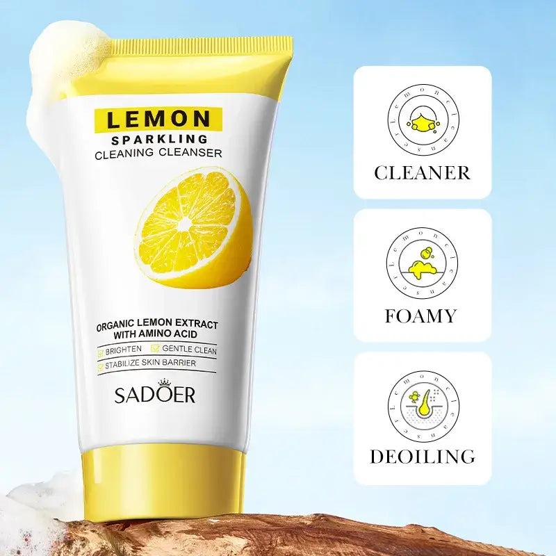 Yellow tube of lemon-scented sparkling cleaning cleanser with product information and a lemon slice image.