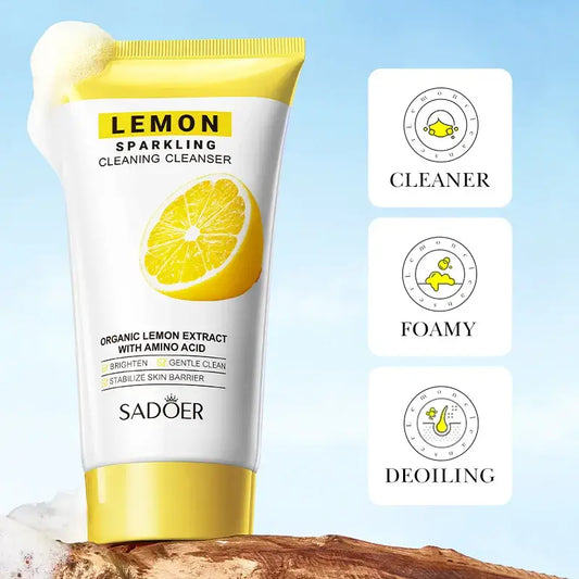 Yellow tube of lemon-scented sparkling cleaning cleanser with product information and a lemon slice image.