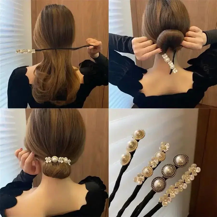 Hair accessory demonstrating a bun-making technique using decorative pins.