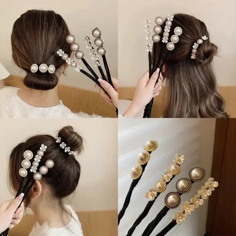 Decorative hair pins adorned with pearl-like beads and ornate designs.