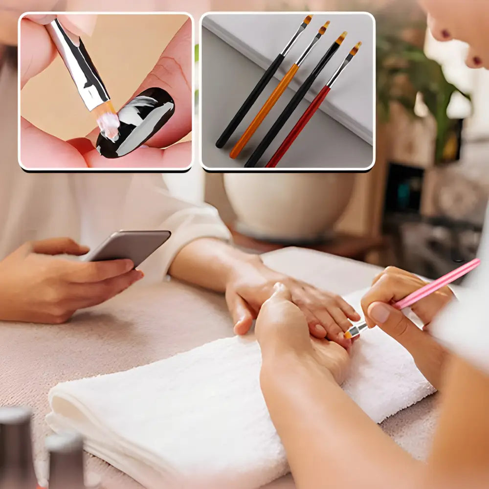 Nail art session with brushes and tools for creating intricate designs on fingernails.