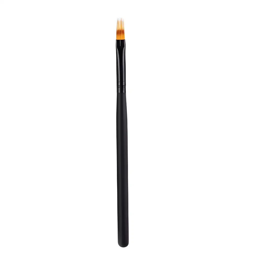 Thin black makeup brush with orange-tipped bristles.