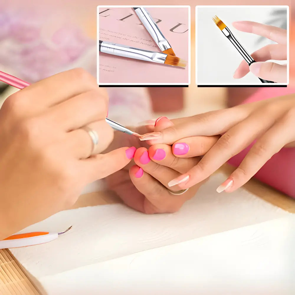 Hands receiving a manicure with pink nail polish being applied.