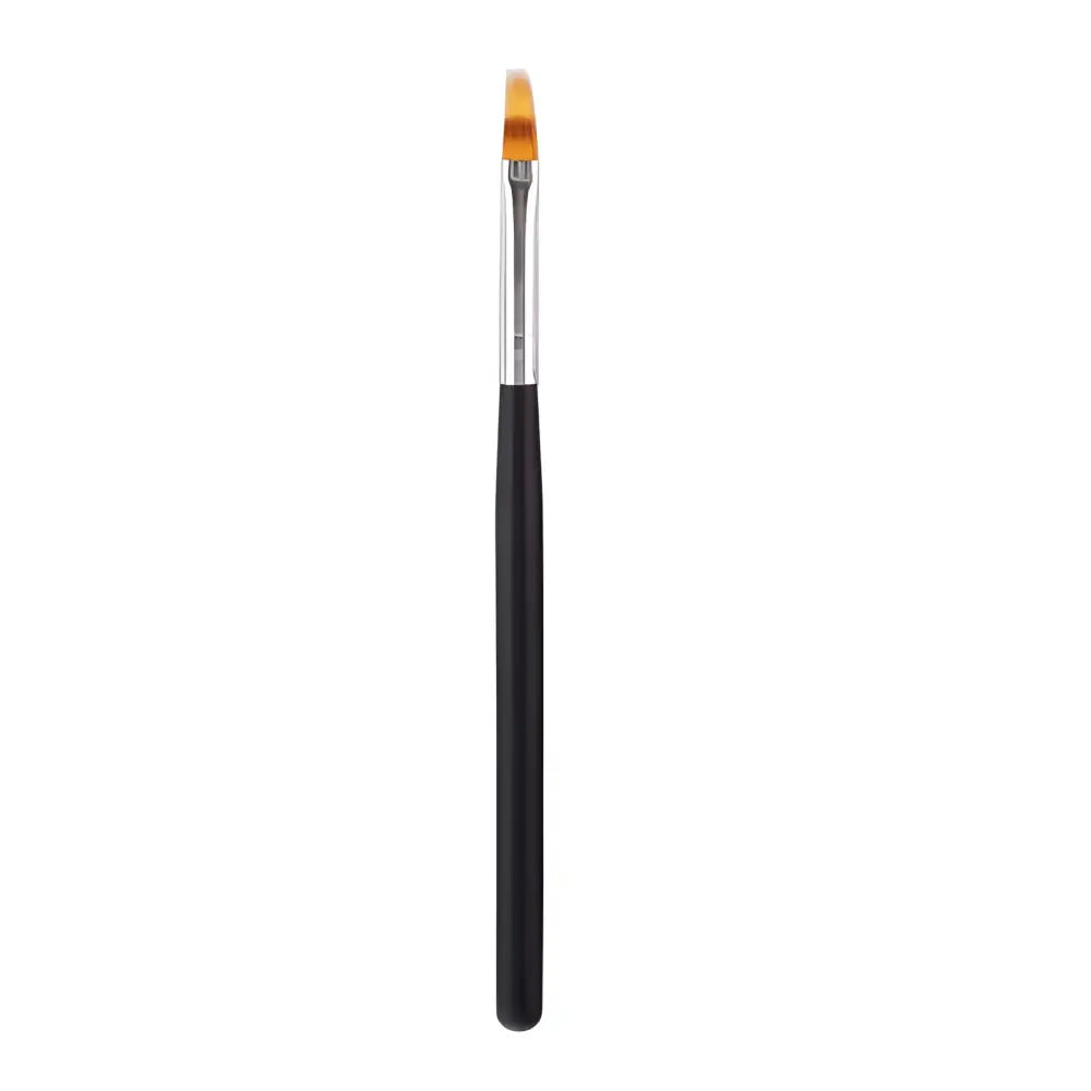 Makeup brush with a black handle and thin, angled bristles.