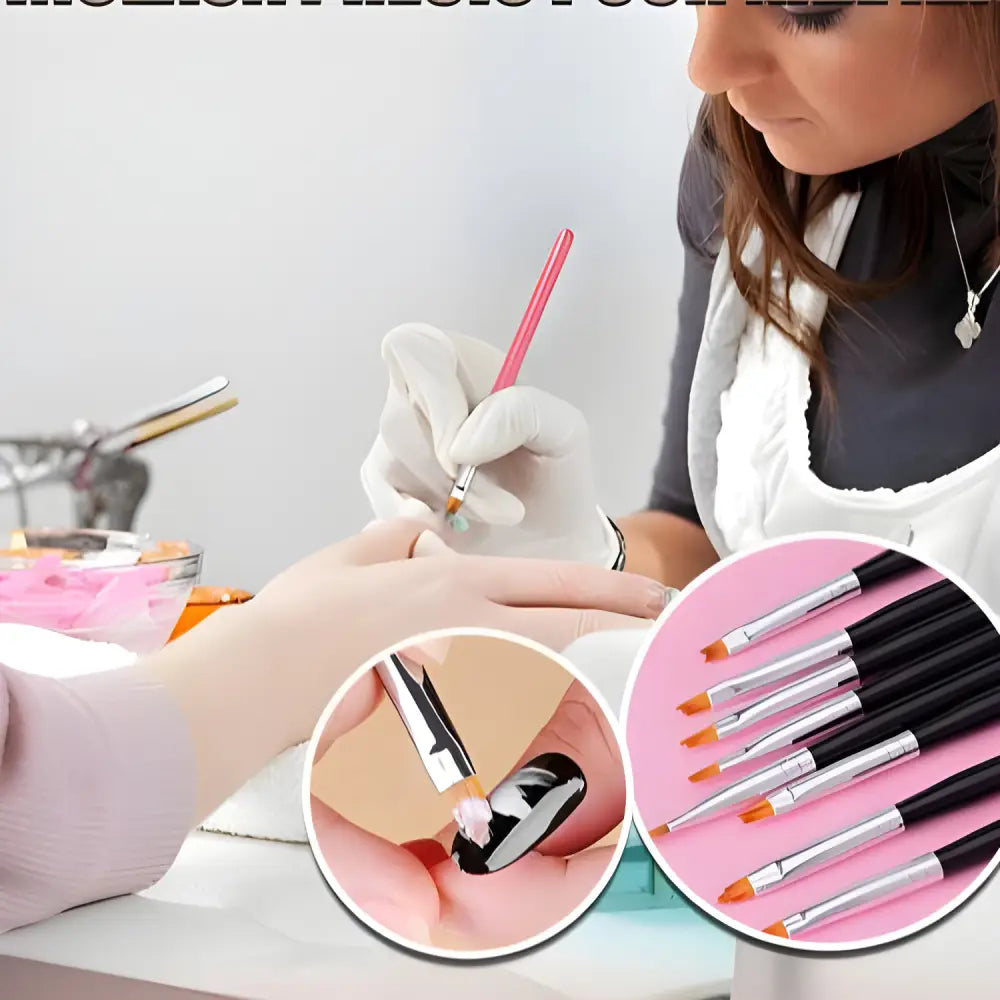 Nail technician performing a manicure using various tools and brushes.