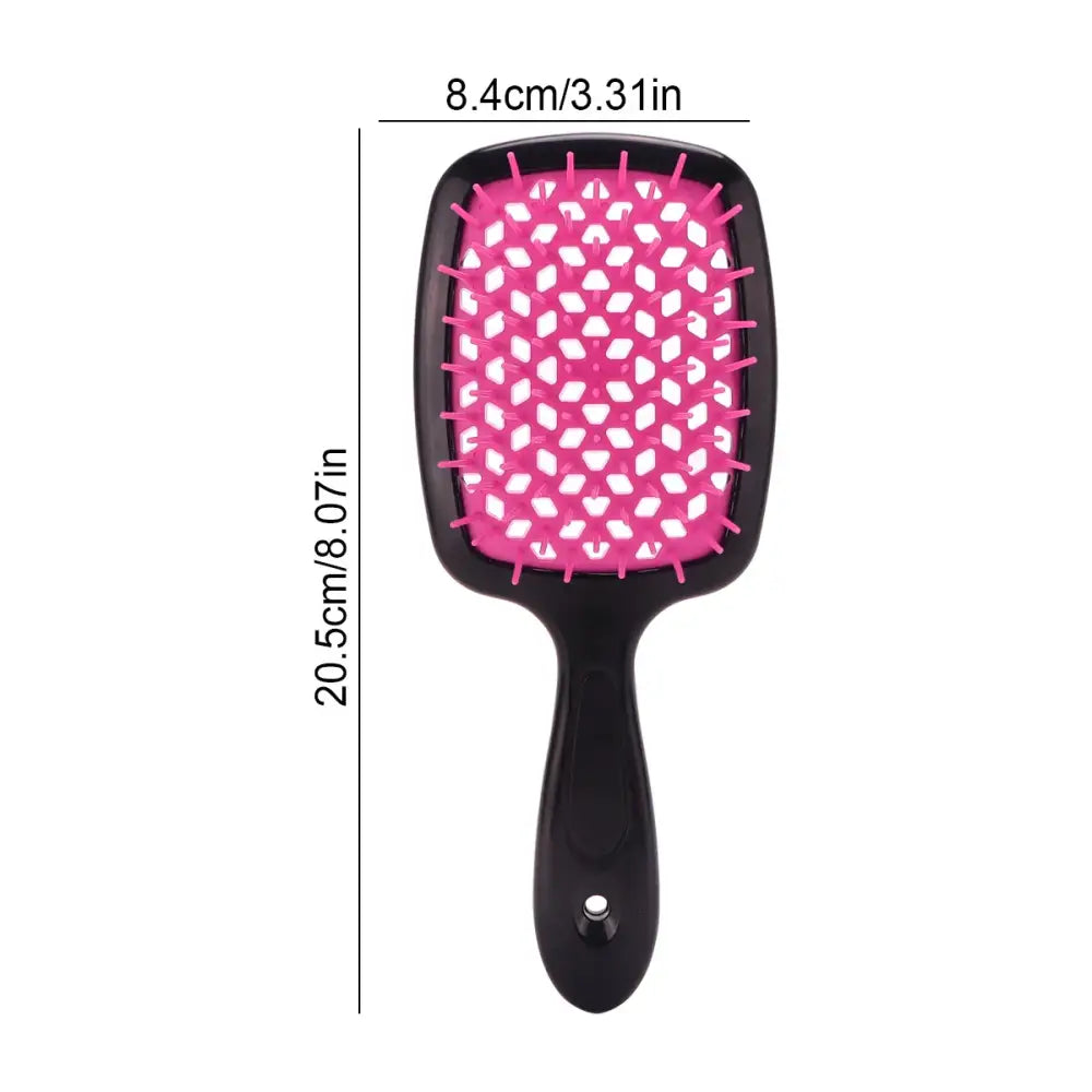 Pink and white heart-patterned paddle hairbrush with a black handle and dimensions labeled.